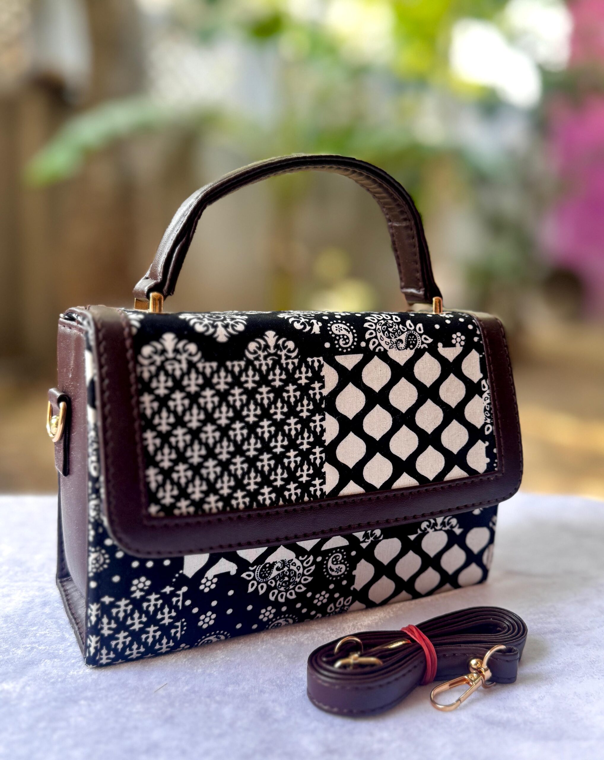 Box Sling Office Bag – Ikkat Fabric | Hard Box Shape (9″ x 6″ | Base 3″) - Image 3