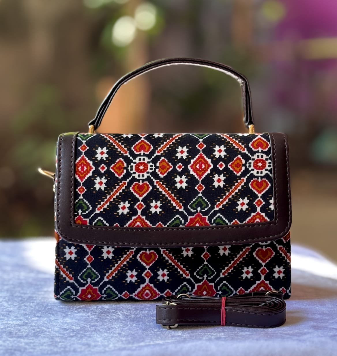 Box Sling Office Bag – Ikkat Fabric | Hard Box Shape (9″ x 6″ | Base 3″) - Image 6