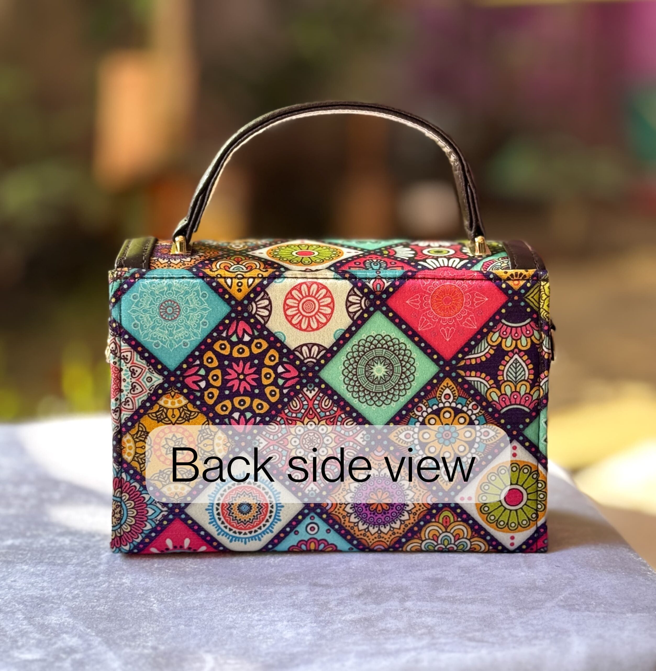 Box Sling Office Bag – Ikkat Fabric | Hard Box Shape (9″ x 6″ | Base 3″) - Image 10